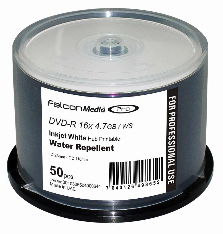 DVD-R 16X Falcon Media Water Resistant White Inkjet Hub 50 pcs
